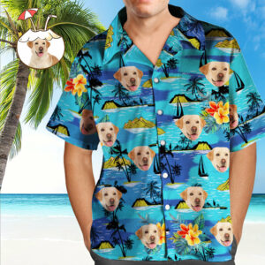 Custom Face Hawaiian Shirt Men'S All Over Print Large Leaves Short Sleeve Hawaiian Shirts Custom Dog Photo Button Up Hawaiian Shirtss - For Men And Women Kids  - Thelegend59
