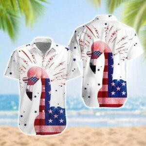 4Th Of July Flamingo Hawaiian Graphic Print Short Sleeve Hawaiian Shirt  - Thelegend59