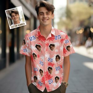 Custom Face And Number Birthday Hawaiian Shirts Red And White Coconut Tree Hawaiian Shirtss - For Men And Women Kids  - Thelegend59