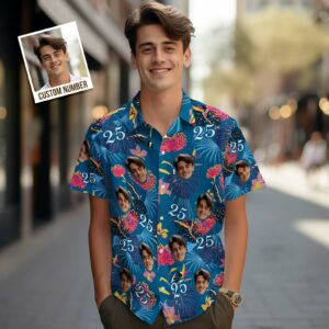 Custom Face Hawaiian Shirt Number And Face Hawaiian Shirt Dark Blue Sleeves And Pink Flowers - For Men And Women Kids  - Thelegend59