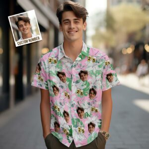 Custom Face Hawaiian Shirt Number In Wine Glass Pink And Green Sleeves Face Hawaiian Shirt Gift For Him - For Men And Women Kids  - Thelegend59