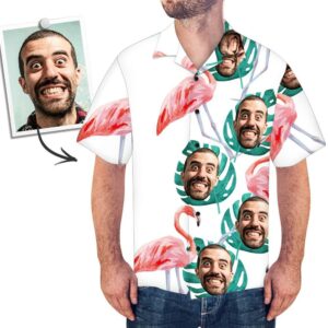 Custom Face Men'S Hawaiian Shirt Flamingo And Palm Leaves - For Men And Women Kids  - Thelegend59