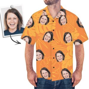 Custom Face Orange Hawaiian Shirt Leaves - For Men And Women Kids  - Thelegend59