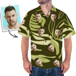 Custom Face Dark Green Hawaiian Shirt Leaves - For Men And Women Kids  - Thelegend59