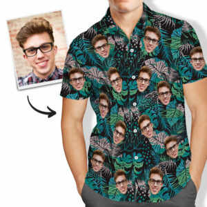Custom Face Hawaiian Shirt Men'S All Over Print Large Leaves Short Sleeve Hawaiian Shirts - For Men And Women Kids  - Thelegend59
