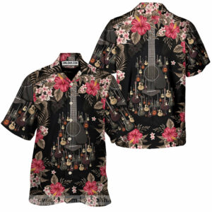 Amazing Guitar Combine Red Black Floral Unisex Hawaiian Shirts  - Thelegend59