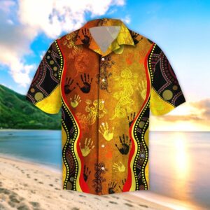 Aboriginal Australia Rock Painting Hand Lizard Art Golden Style Beach Hawaiian Shirt  - Thelegend59
