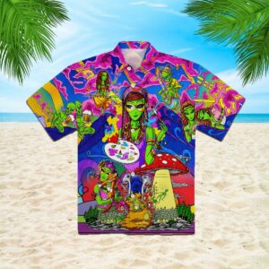 Alien In The World Of Mushrooms Hippie Hawaiian Shirt  - Thelegend59