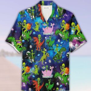 Alien Riding Dinosaur T-Rex Hawaiian Shirt  - Thelegend59
