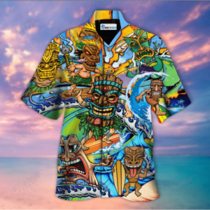 Aloha Tiki Surfing Into The Sunset Unisex Hawaiian Shirt  - Thelegend59