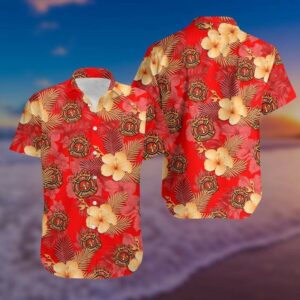 Amazing Firefighter Red Hibiscus Hawaiian Aloha Hawaiian Shirtss  - Thelegend59