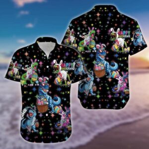 Amazing Happy Easter Raws T-Rex Dinosaur Black Hawaiian Aloha Hawaiian Shirtss  - Thelegend59