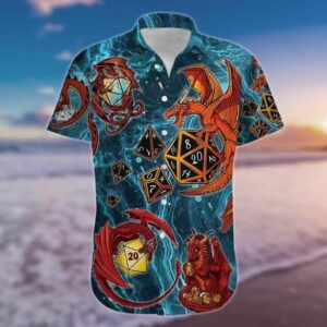 Amazing Lucky Dragon Playing Dice Blue Hawaiian Graphic Print Short Sleeve  - Thelegend59