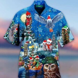Amazing Owl On Christmas Days Blue Hawaiian Aloha Hawaiian Shirtss  - Thelegend59