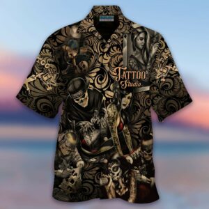 Amazing Tattoo Studio Brown Black Unisex Hawaiian Shirts  - Thelegend59