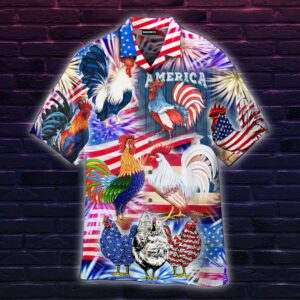 America Rooster Chicken With Fireworks Hawaiian Shirt  - Thelegend59