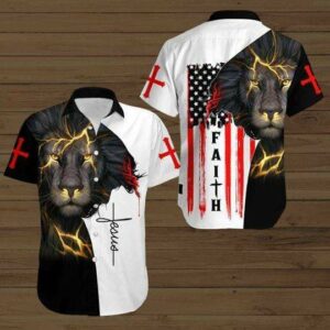 American Flag Faith Lion Thunder Jesus Hawaiian Shirts  - Thelegend59