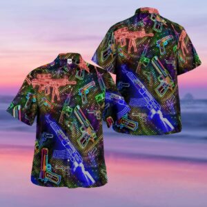 American Gun Rifle Pistol Sniper Colorful Neon Hawaiian Aloha Hawaiian Shirtss  - Thelegend59