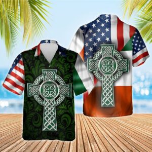 American Irish Flag With Celtic Cross Hawaiian Shirt  - Thelegend59