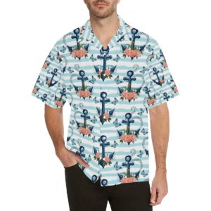 Anchor Flower Blue Stripe Pattern Men'S All Over Print Hawaiian Shirt  - Thelegend59