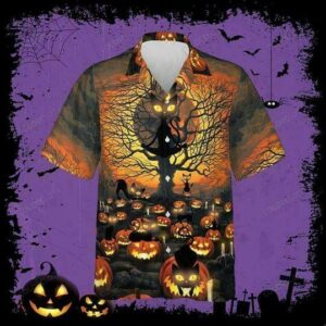 Awesome Black Cat Halloween Orange Black Unisex Hawaiian Shirts  - Thelegend59