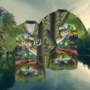 Bass Fishing Us Flag Green 3D Full Print Hawaiian Shirt  - Thelegend59