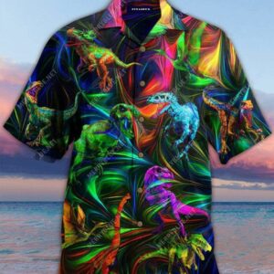 Beach Hawaiian Shirts Amazing Colorful T-Rex Dinosaur Glowing Hawaiian Aloha Hawaiian Shirtss  - Thelegend59