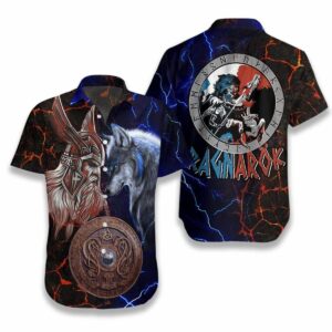 Beach Hawaiian Shirts Get Here Hawaiian Aloha Hawaiian Shirtss Wolf Viking Odin And Fenrir Battle  - Thelegend59