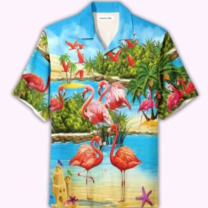 Beautiful Flamingo On The Beach Blue And Pink Unisex Hawaiian Aloha Hawaiian Shirtss  - Thelegend59