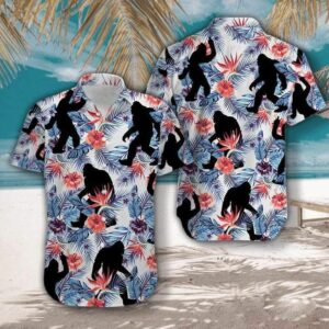 Bigfoot Camping Tropical Flowers Hawaiian Graphic Print Short Sleeve Hawaiian Shirt  - Thelegend59