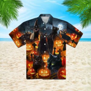 Black Cat And Scary Halloween Pumpkin Hawaiian Shirt  - Thelegend59