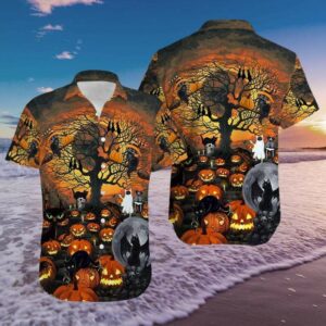 Black Cat Halloween God Pumpkin Hawaiian Aloha Hawaiian Shirtss  - Thelegend59