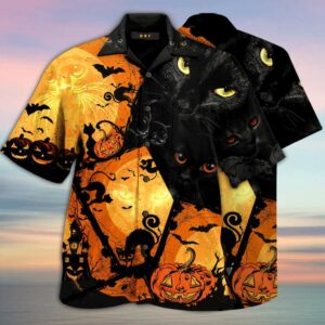 Black Cat Halloween Hawaiian Aloha Hawaiian Shirts  - Thelegend59