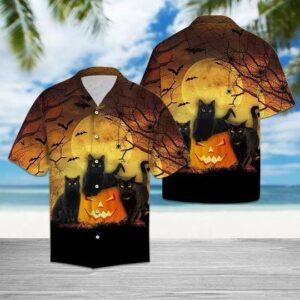 Black Cat Pumpkin Halloween Pattern Hawaiian Aloha Hawaiian Shirtss  - Thelegend59