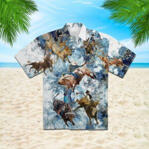 Bull Riding On Blue Hibiscus Flower Hawaiian Shirt  - Thelegend59