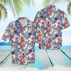 Bulldog Hibiscus Flowerwhite Nice Design Unisex Hawaiian Shirt  - Thelegend59