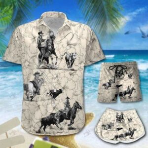 Calf Roping Hibiscus Pattern Hawaiian Aloha Hawaiian Shirtss Or Beach/ Women Shorts  - Thelegend59