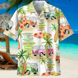 Camper Van And Beach Hawaiian Graphic Print Short Sleeve  - Thelegend59