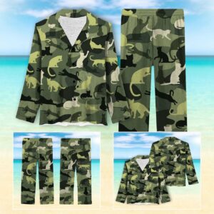 Cat Lover Camo Hawaiian Long Silk Pajamas Set  - Thelegend59