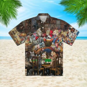 Cat Playing Poker At The Midnight Hawaiian Shirt  - Thelegend59