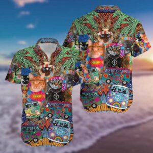 Colorful Hippie Van And Cat Hawaiian Shirts  - Thelegend59