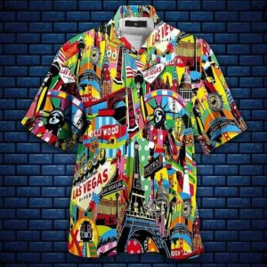 Colorful Las Vegas City American Hawaiian Graphic Print Short Sleeve Hawaiian Shirt  - Thelegend59