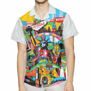 Colorfull Icon Las Vegas Hollywood New York Art Fan Gift - Icon Las Vegas Hollywood New York Hawaiian Graphic Print Short Sleeve  - Thelegend59