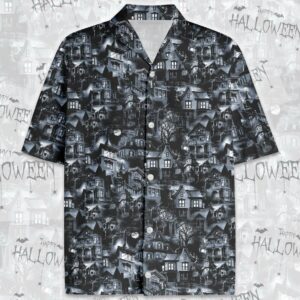 Cool Black Scary Halloween House Hawaiian Aloha Hawaiian Shirtss  - Thelegend59