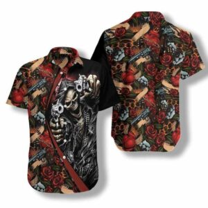 Cool Gun Skull Hawaiian Graphic Print Short Sleeve Hawaiian Shirt  - Thelegend59
