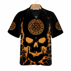 Cool Orange Pattern Black Viking Skull With Backbone Axe Hawaiian Shirt - For Men And Women - Kids  - Thelegend59