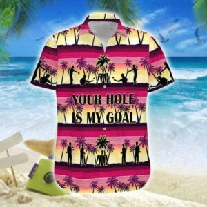 Cornhole Your Hole Is My Goal Yellow Pink Coconut Tree Unisex Hawaiian Shirts Beach Shorts  - Thelegend59