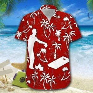 Cornhole Red Palm Tree Unisex Hawaiian Shirts Beach Shorts  - Thelegend59