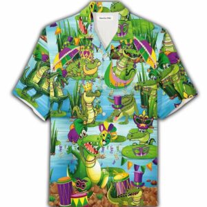 Crocodile Wearing Mardi Gras Hawaiian Aloha Hawaiian Shirtss  - Thelegend59