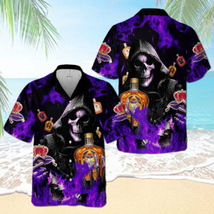 Crown Royal Flame Smiling Death All Over Print 3D Aloha Summer Beach Hawaiian Shirt  - Thelegend59